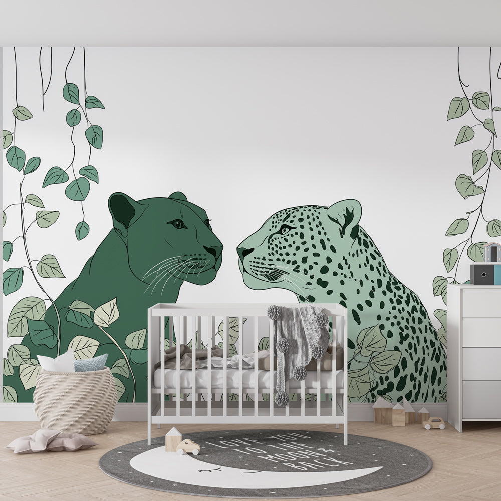 Safari feline wallpaper creating wild adventure theme in children's bedroom decor