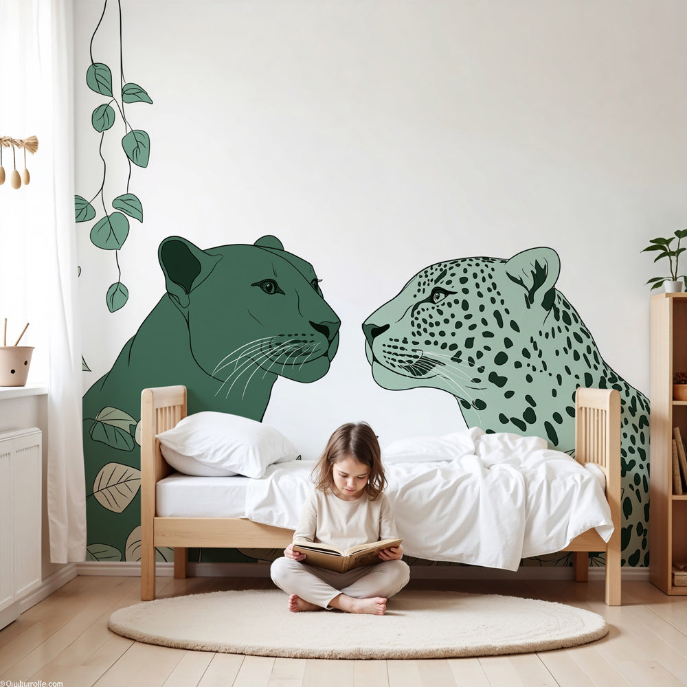 Jungle cats mural wallpaper with leopard and panther in modern nursery by Kids-Mundo