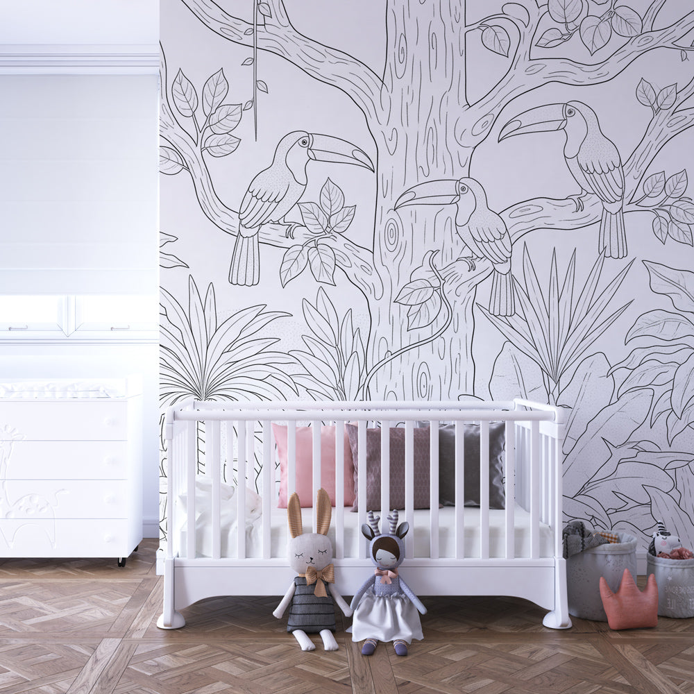 Interactive toucan wallpaper creating artistic kids bedroom decor for coloring activities