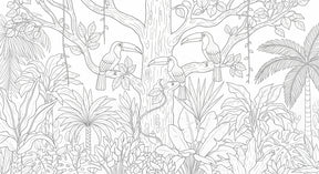 Detailed jungle coloring mural wallpaper design pattern with toucans by Kids-Mundo