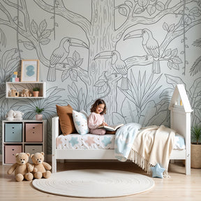 Jungle coloring mural wallpaper with toucans in modern nursery by Kids-Mundo