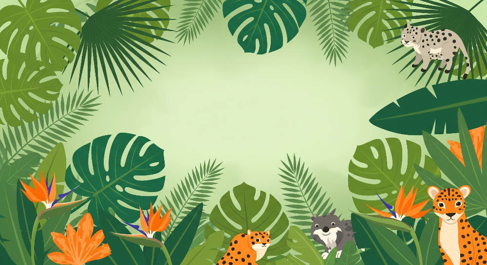 Flat artwork of the Kids-Mundo jungle cubs and tropical leaves wall mural design.