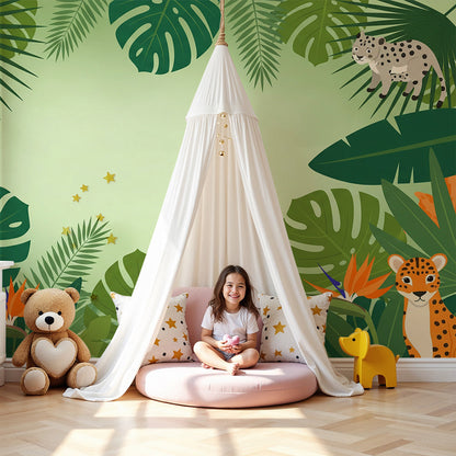 Kids-Mundo jungle cubs wall mural styled softly above a cot in a calm, leafy baby nursery.