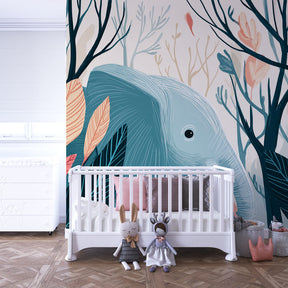 Elephant themed mural wallpaper complementing natural wood furniture in cozy kids room setting