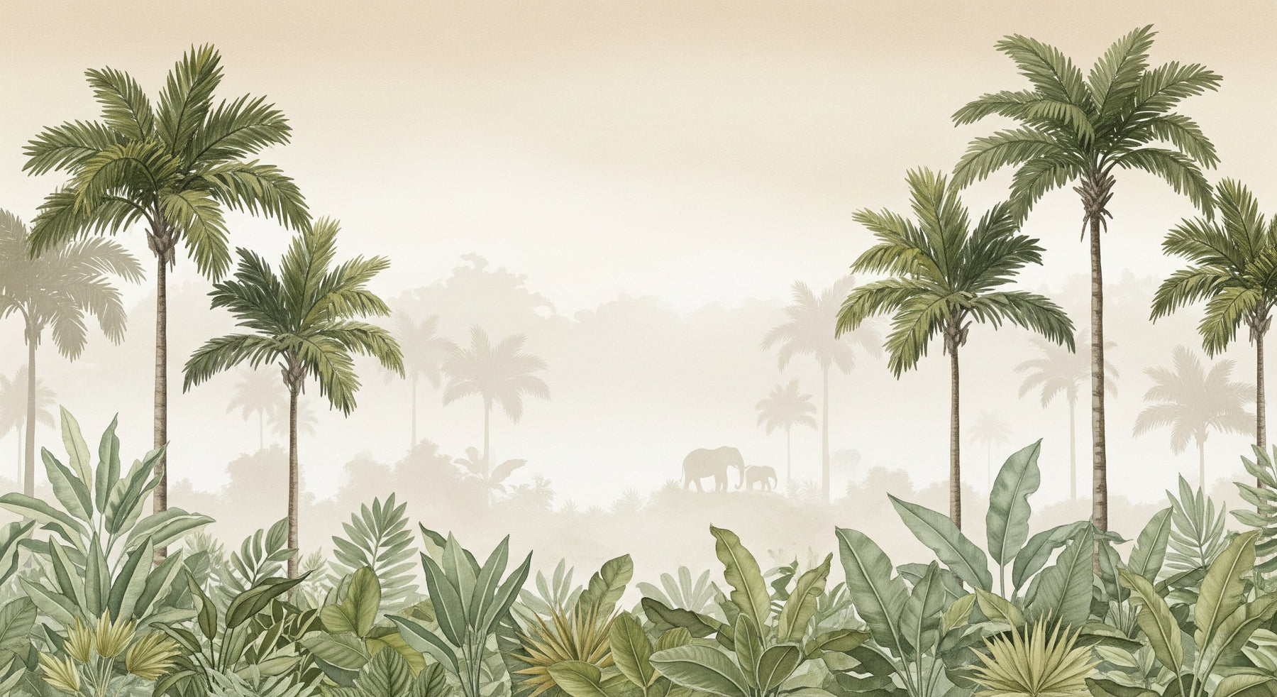Detailed jungle elephant mural wallpaper design pattern with tropical palms by Kids-Mundo