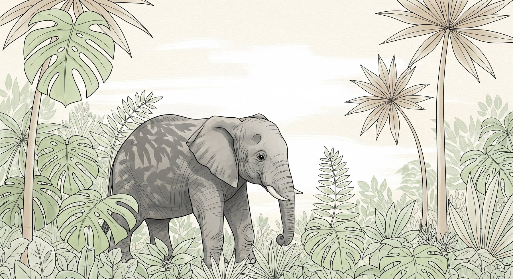 Detailed jungle elephant mural wallpaper design pattern with tropical foliage by Kids-Mundo