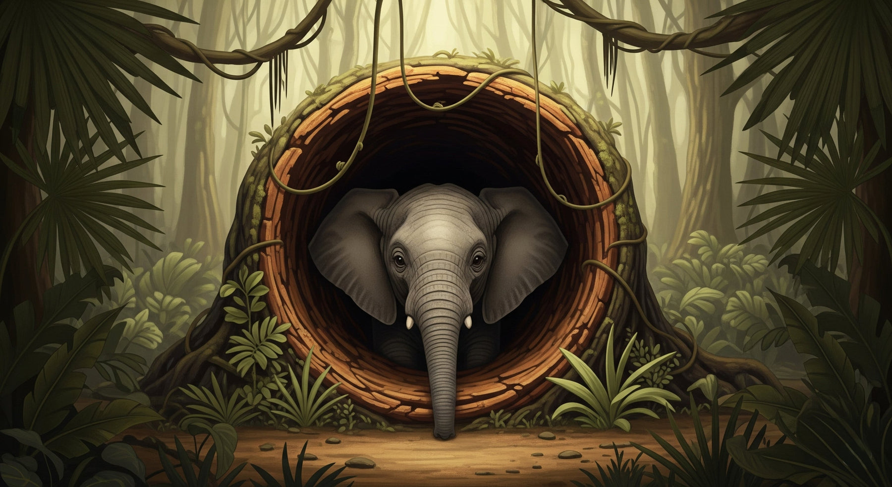 Detailed jungle elephant mural wallpaper design pattern with tropical foliage by Kids-Mundo
