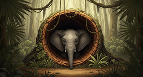Detailed jungle elephant mural wallpaper design pattern with tropical foliage by Kids-Mundo