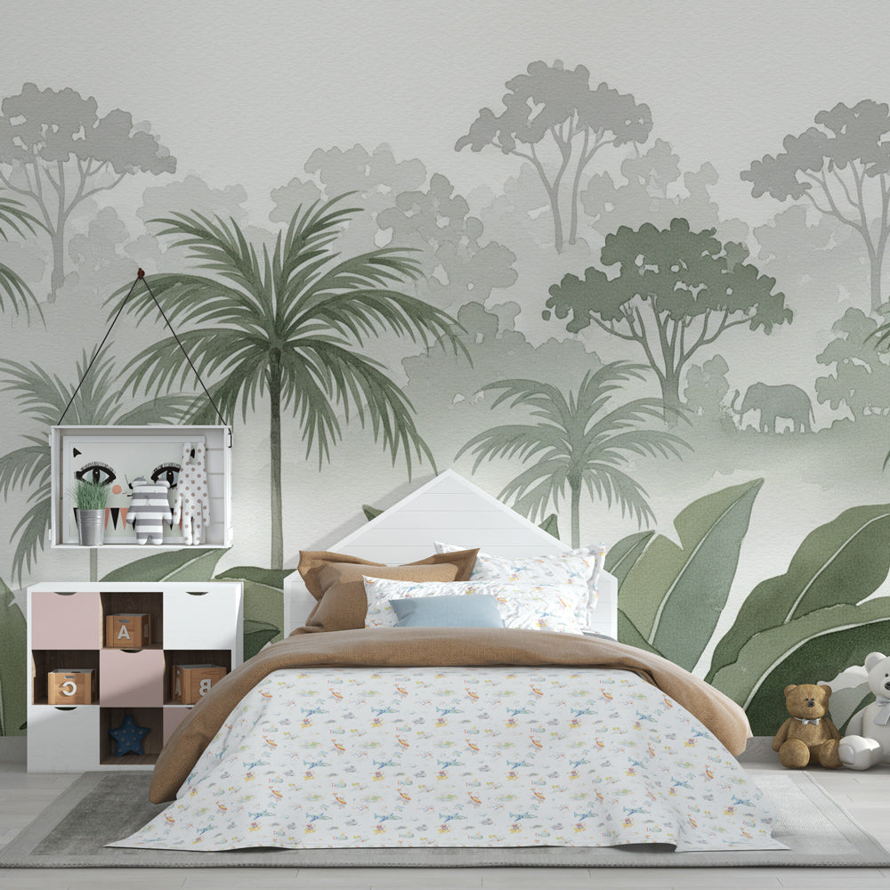 Peaceful jungle mural wallpaper with elephant silhouette for kids room decor