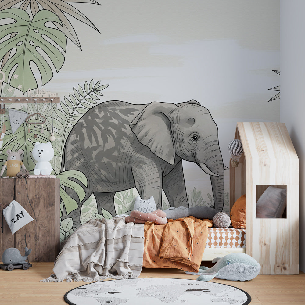 Jungle elephant mural wallpaper with natural wood furniture in kids room by Kids-Mundo