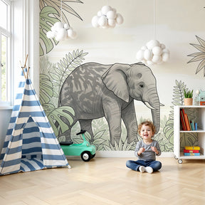 Elegant elephant jungle mural wallpaper in modern nursery setting by Kids-Mundo