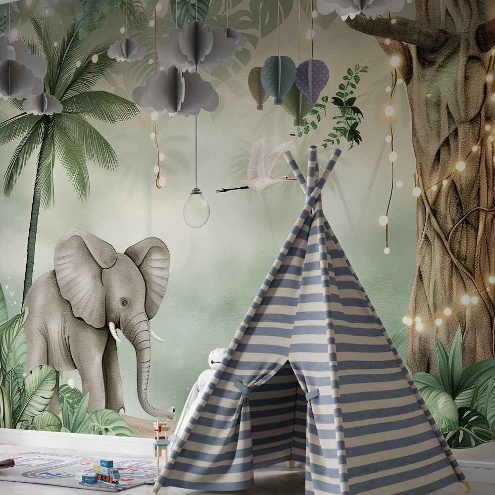 Playful elephant jungle wallpaper in modern children's playroom with educational safari theme
