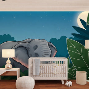 Tropical jungle elephant mural wallpaper with lush foliage for kids room decor