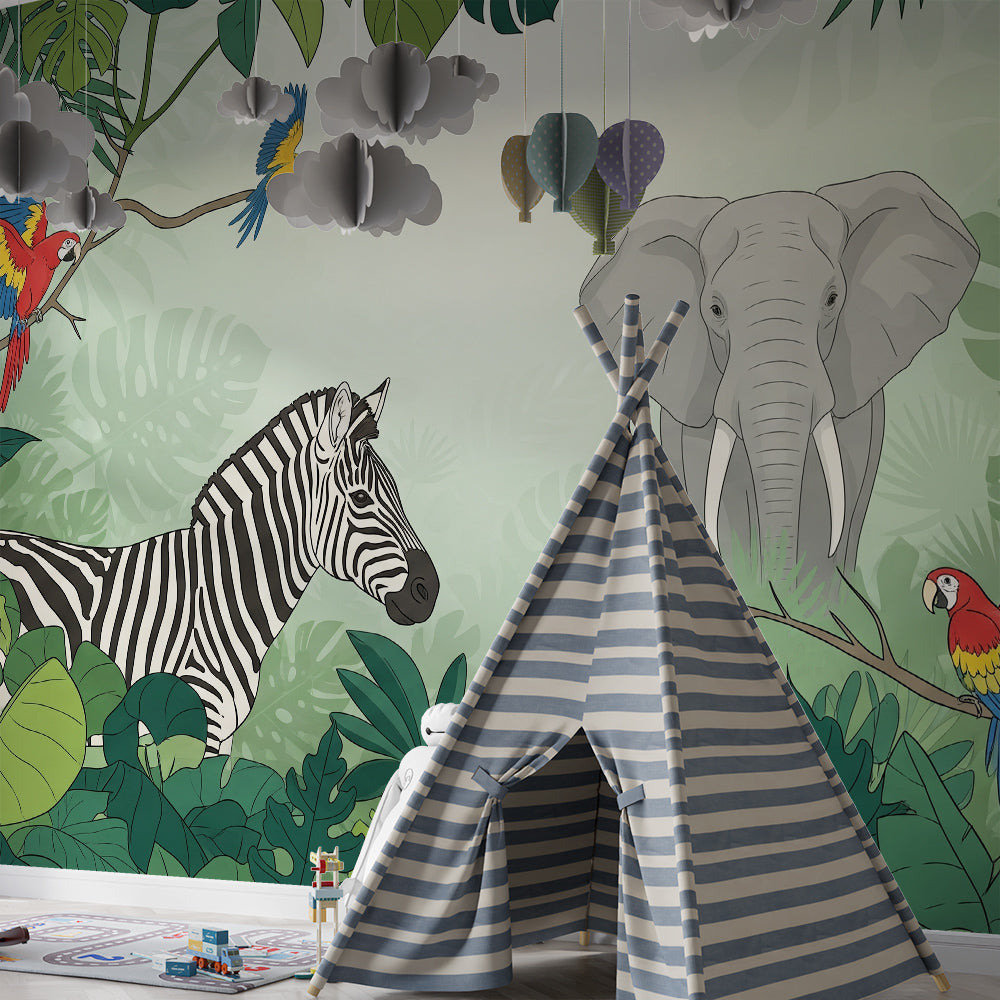 Kids-Mundo jungle animals mural styled on a vibrant children's bedroom wall