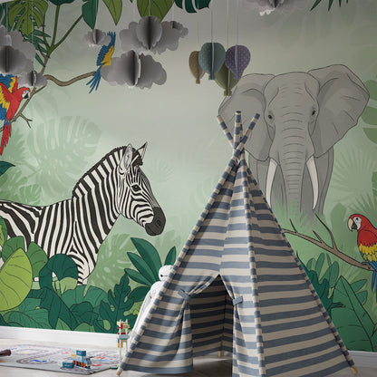 Kids-Mundo jungle animals mural styled on a vibrant children's bedroom wall