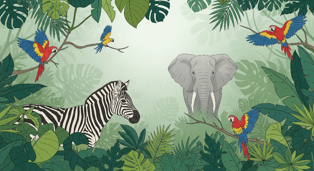 Kids-Mundo flat artwork of a jungle scene with elephant, zebra and colourful macaws