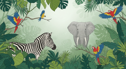 Kids-Mundo flat artwork of a jungle scene with elephant, zebra and colourful macaws