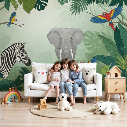 Kids-Mundo jungle elephant and zebra wall mural in a colourful kids bedroom