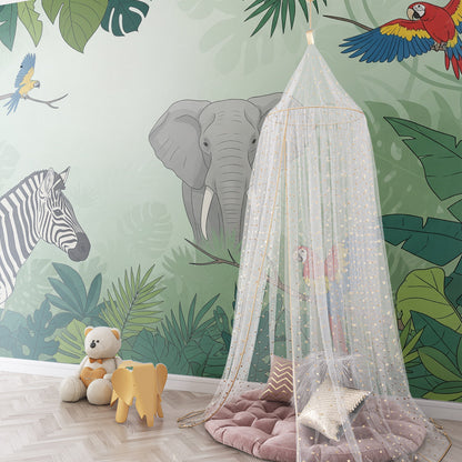 Kids-Mundo elephant zebra macaws jungle mural fitted in an active playroom
