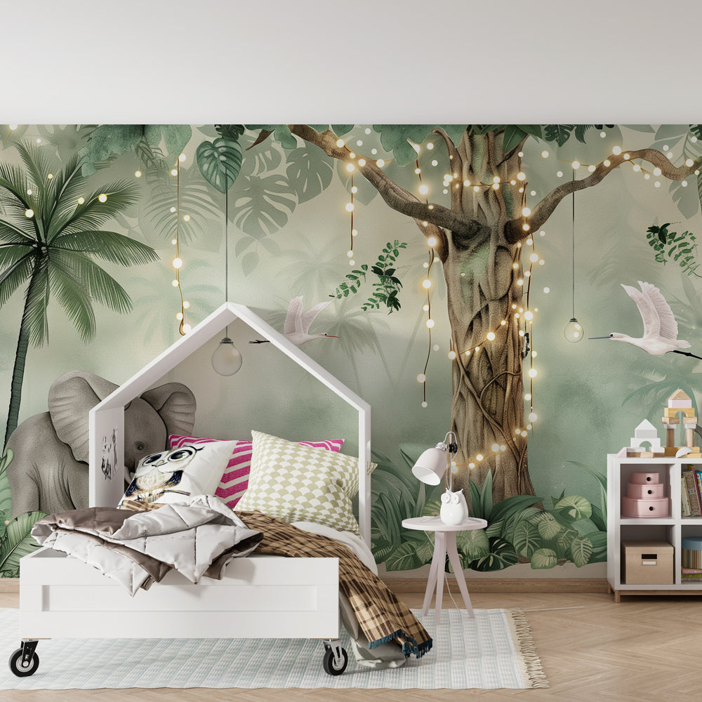 Kids-Mundo enchanted jungle elephants and fairy lights wall mural styled in a kids bedroom