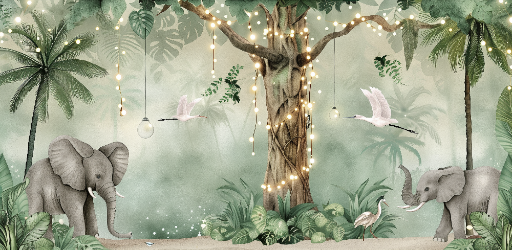 Enchanted Jungle Elephants and Fairy Lights Wall Mural