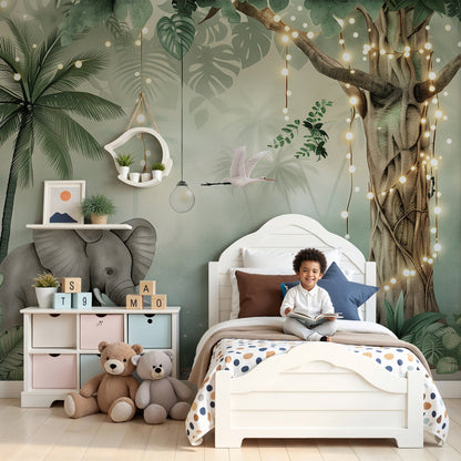 Kids-Mundo enchanted jungle elephants and fairy lights wall mural in a bright nursery room