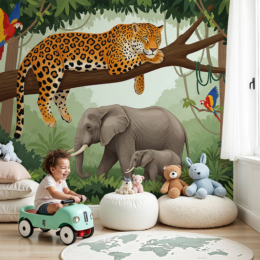 Kids-Mundo jungle elephant and leopard wall mural in a bold kids bedroom