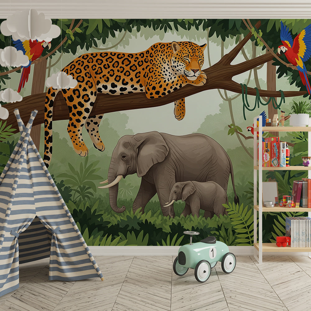 Kids-Mundo jungle elephants and leopard mural fitted in an adventurous playroom