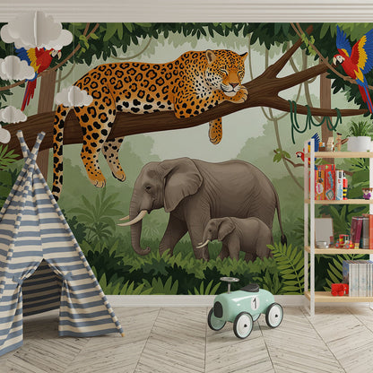 Kids-Mundo jungle elephants and leopard mural fitted in an adventurous playroom