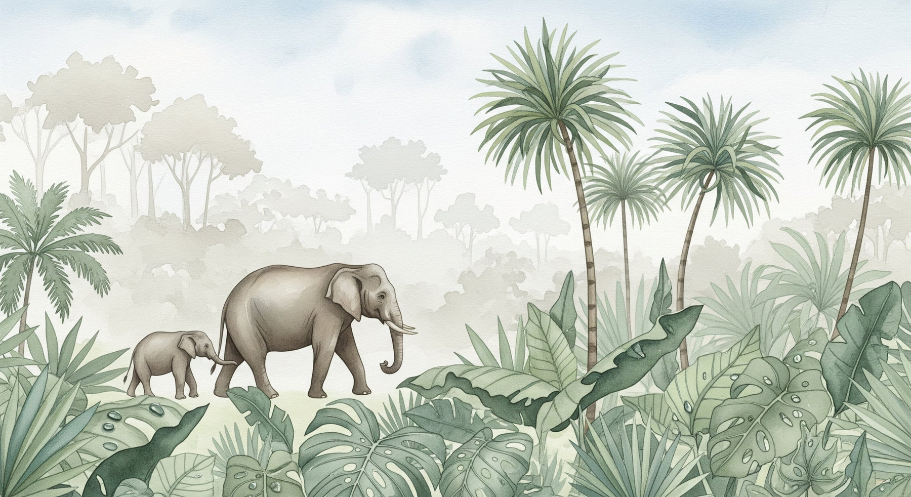 Detailed jungle elephants mural wallpaper design pattern with tropical foliage by Kids-Mundo