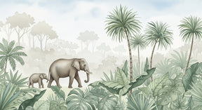 Detailed jungle elephants mural wallpaper design pattern with tropical foliage by Kids-Mundo
