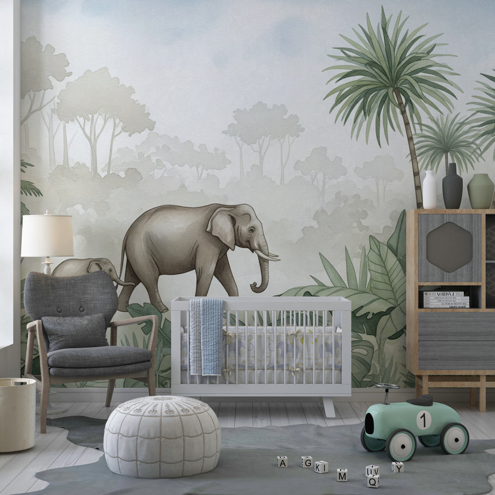 Tropical elephant wallpaper transforming children's bedroom into safari adventure space