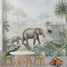Safari animals mural wallpaper for modern kids playroom with natural tropical theme