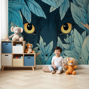 Mysterious jungle eyes mural wallpaper creating adventure atmosphere in modern nursery by Kids-Mundo