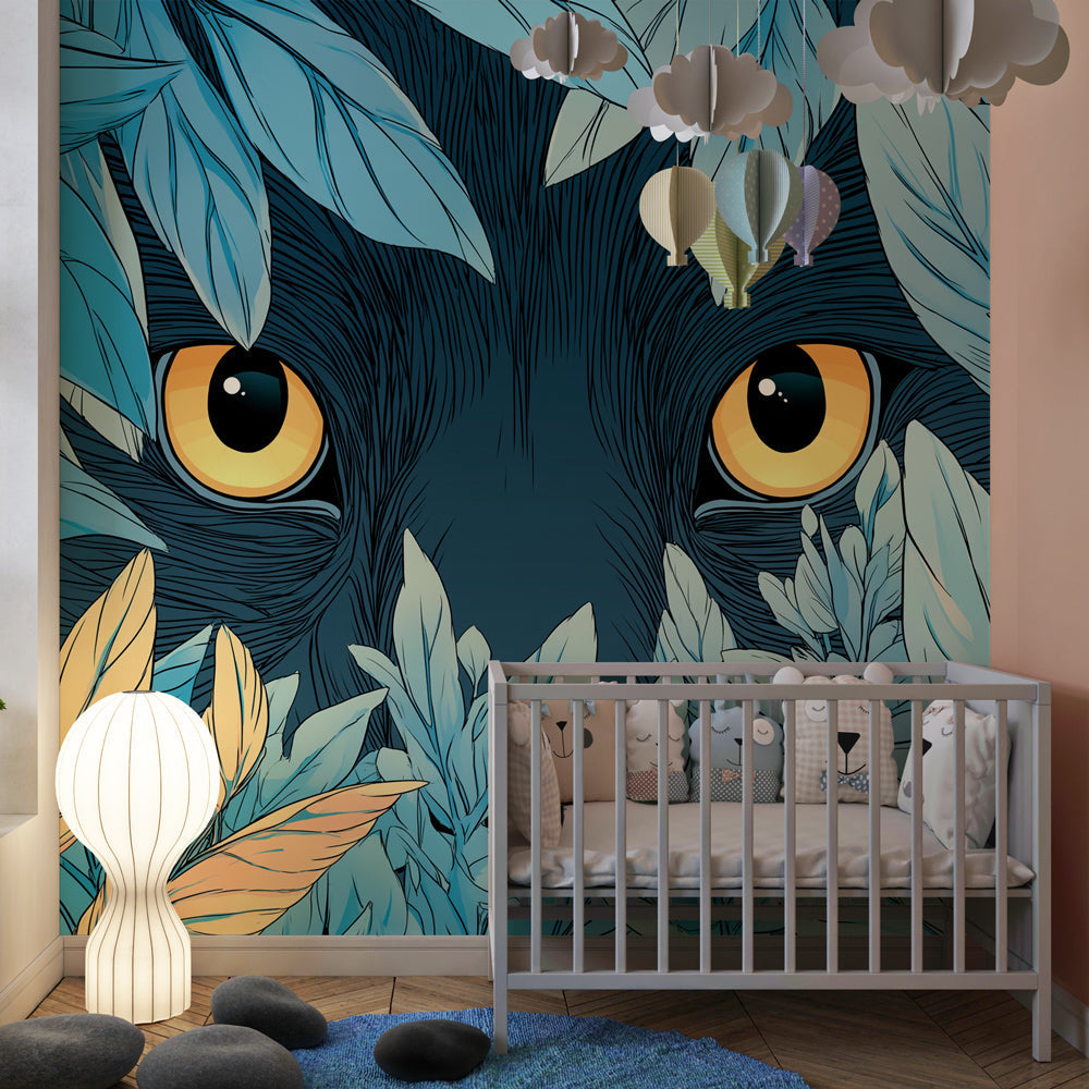 Adventure jungle mural wallpaper with mysterious animal eyes for kids playroom by Kids-Mundo