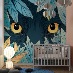Adventure jungle mural wallpaper with mysterious animal eyes for kids playroom by Kids-Mundo