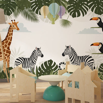 Kids-Mundo jungle toucan and zebra wall mural styled in a kids bedroom wall