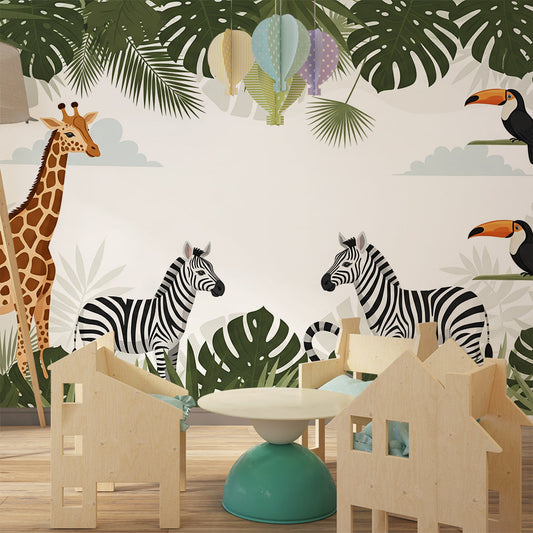 Kids-Mundo jungle toucan and zebra wall mural styled in a kids bedroom wall