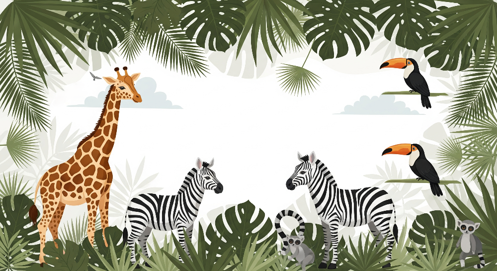 Jungle Frame with Giraffe, Zebras and Toucans Wall Mural