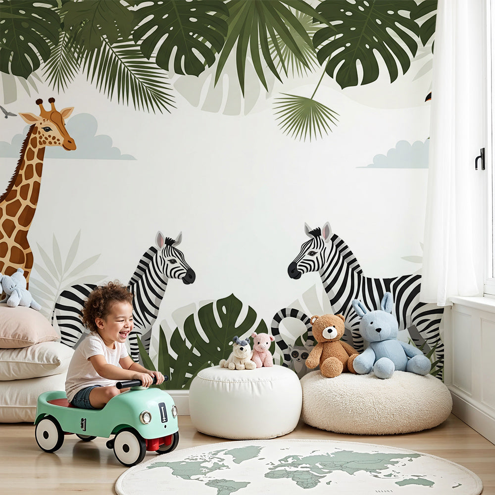 Kids-Mundo jungle frame wall mural with giraffe and zebras in a bright nursery