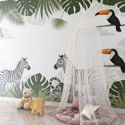Kids-Mundo leafy jungle frame wall mural featured in a light playroom space