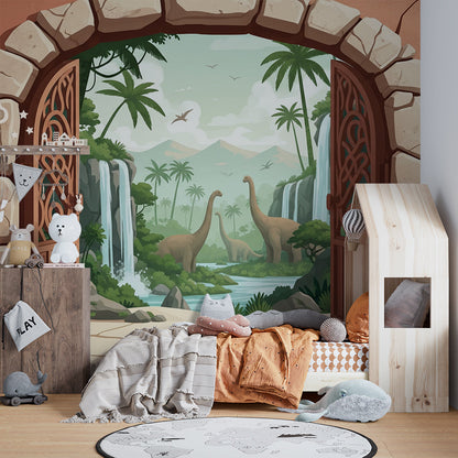Kids-Mundo dinosaur jungle doorway mural covering a playroom wall with toy boxes nearby