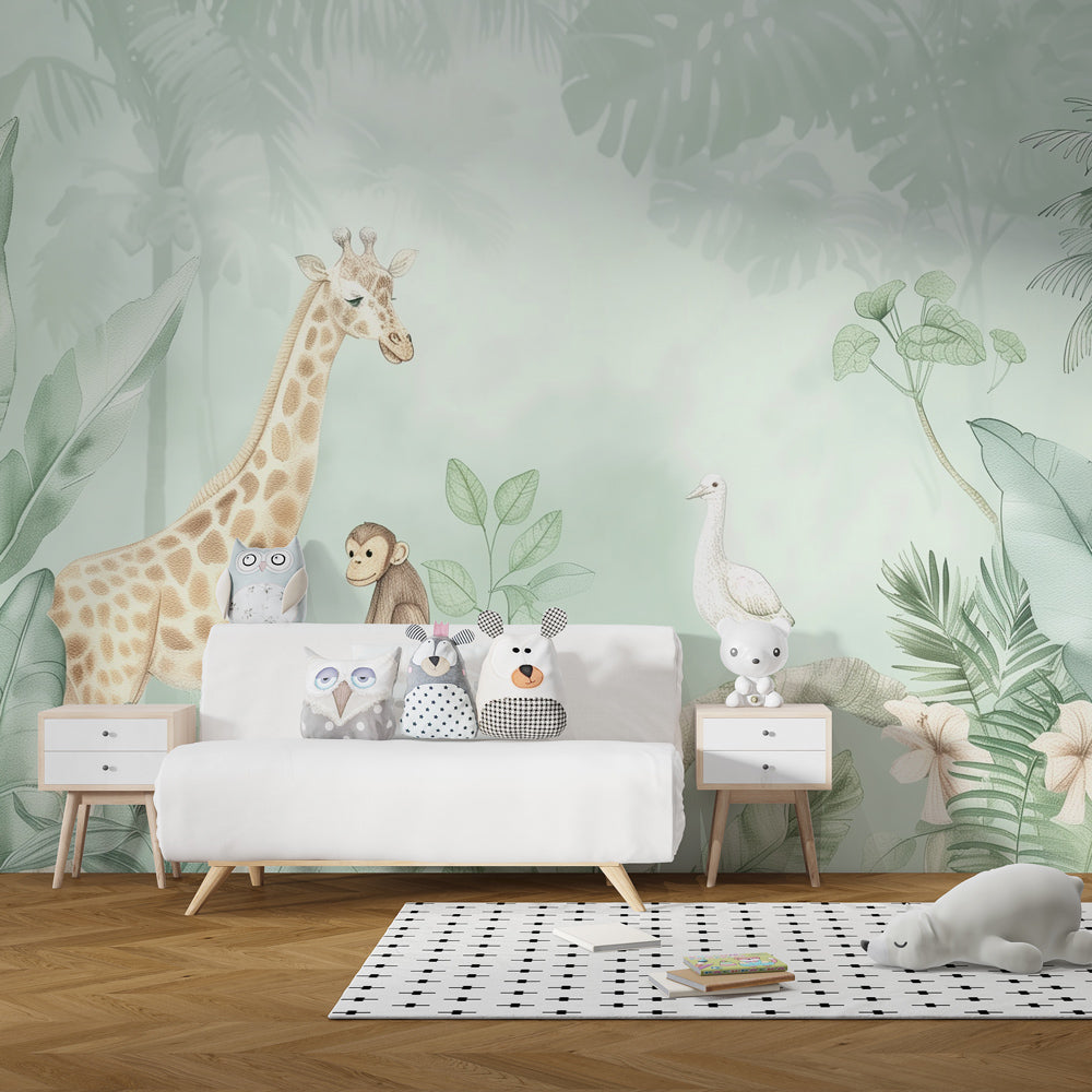 Kids-Mundo jungle giraffe and monkey wall mural in a soft green kids' bedroom