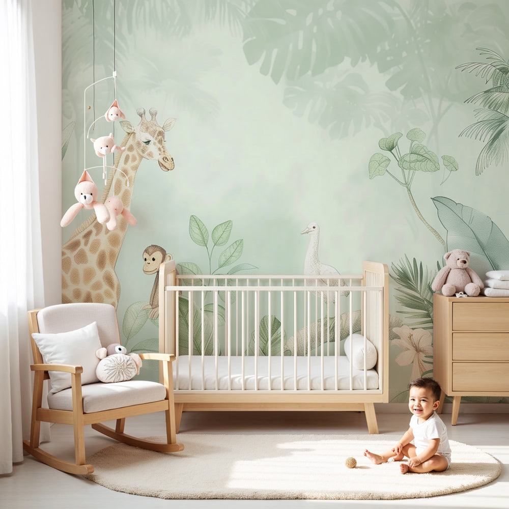 Kids-Mundo jungle wall mural with giraffe and monkey behind a white cot in a nursery