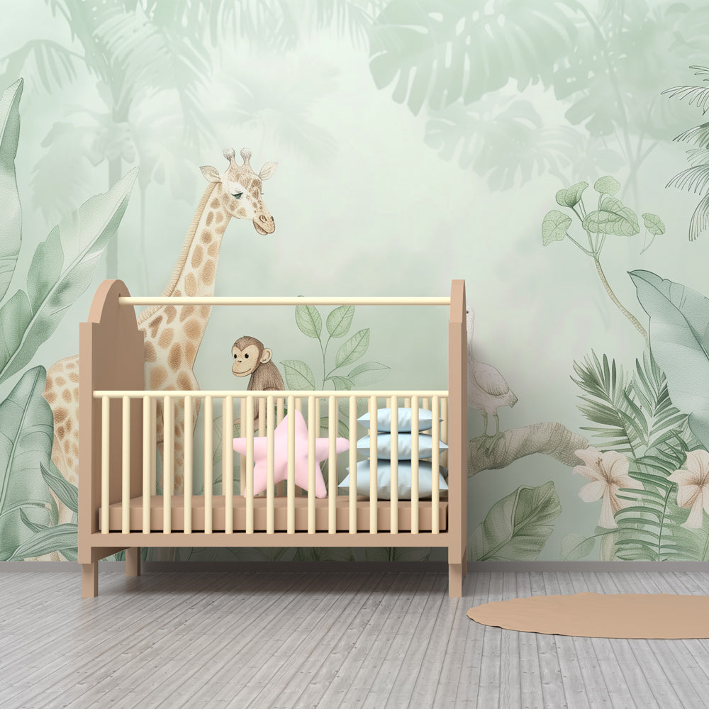 Kids-Mundo jungle wall mural bringing tropical giraffe and monkey scenes to a playroom