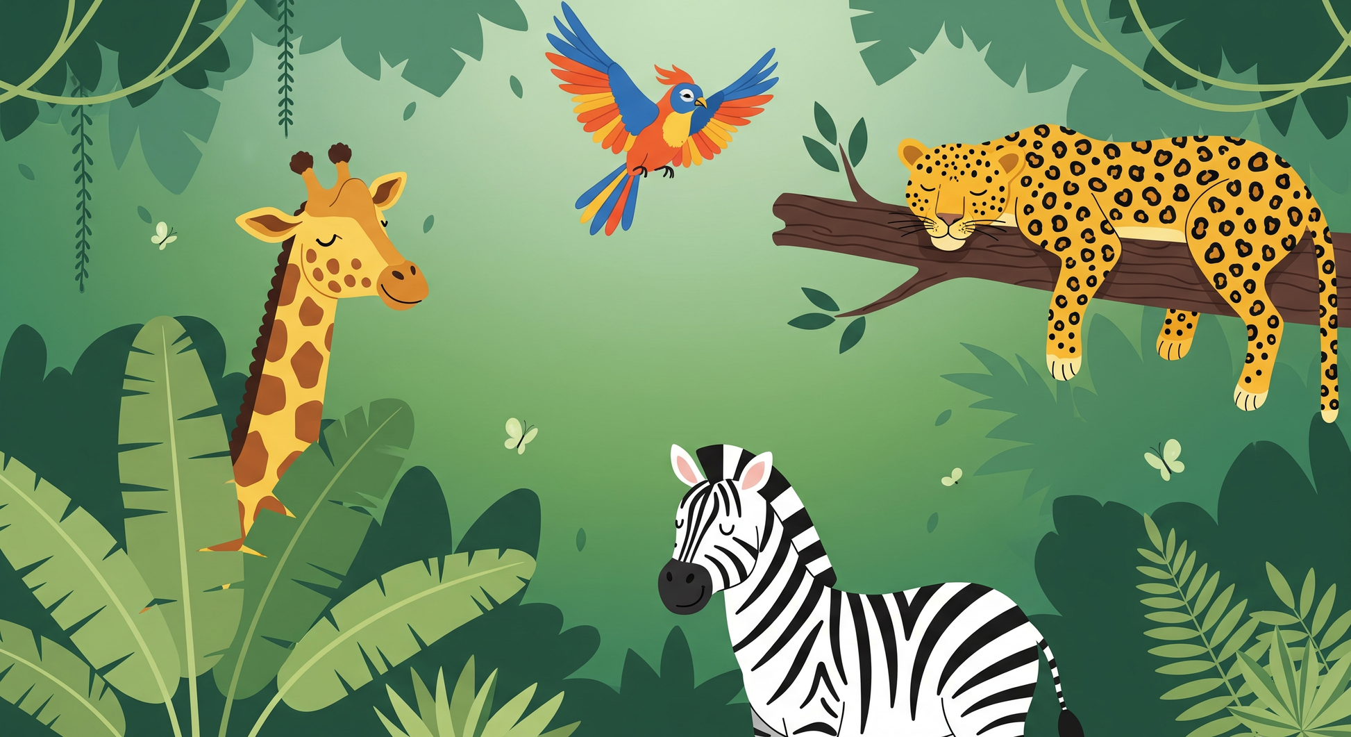 Kids-Mundo flat artwork preview of the giraffe, leopard and parrot jungle wall mural