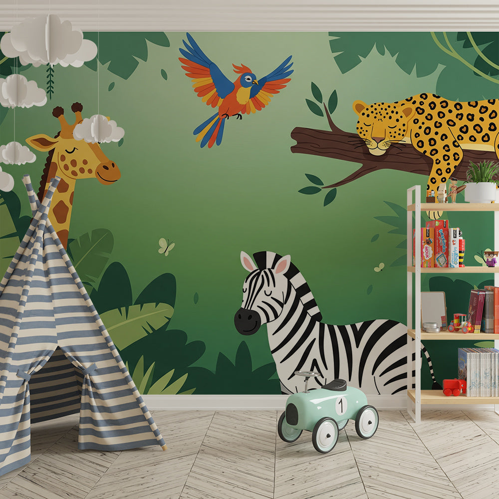 Kids-Mundo sleepy giraffe jungle wall mural featured on a playroom feature wall