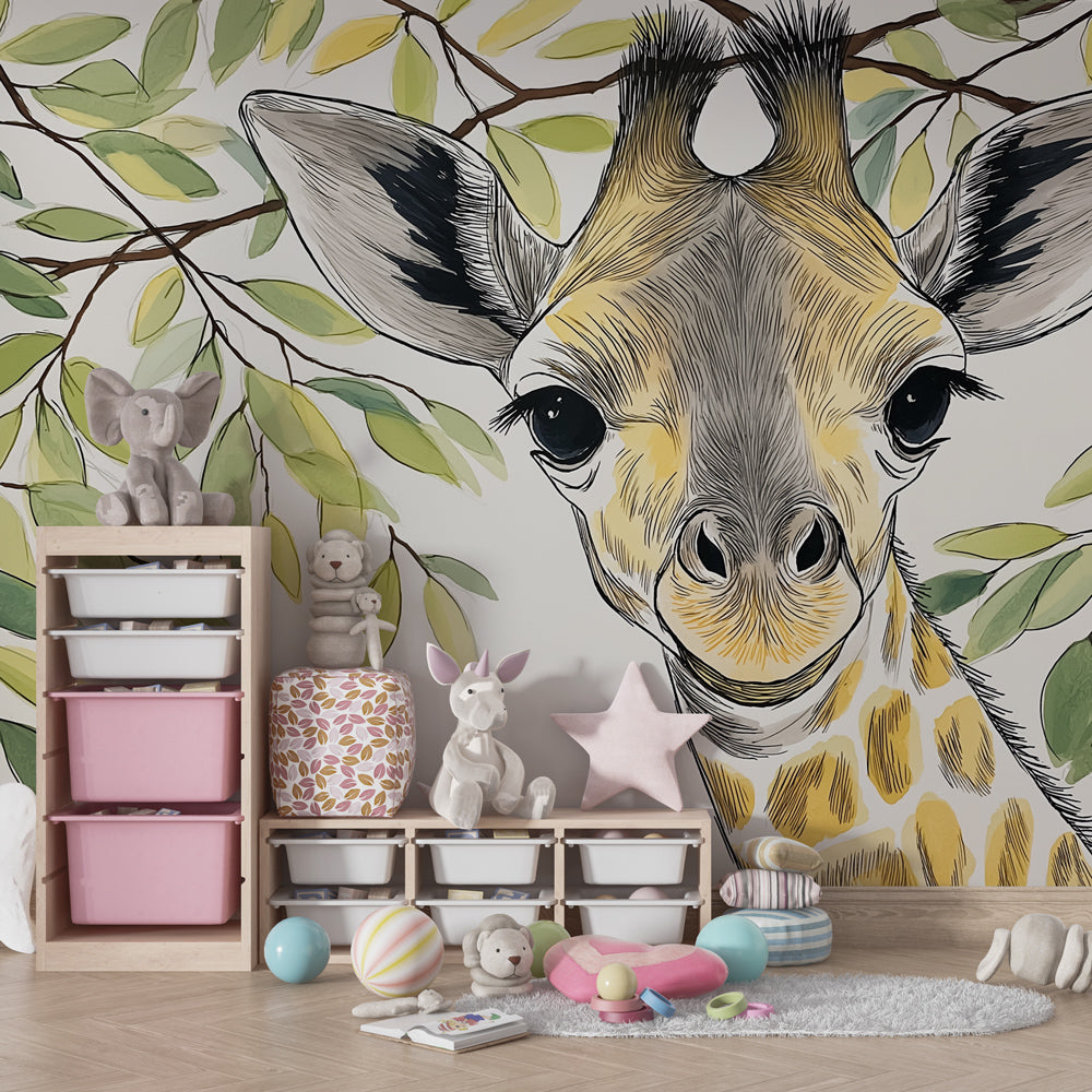 Gentle jungle giraffe mural wallpaper decorating cozy baby bedroom with natural decor