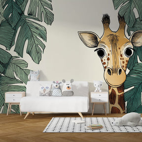 Safari giraffe wallpaper transforming kids bedroom with tropical palm leaves and natural decor