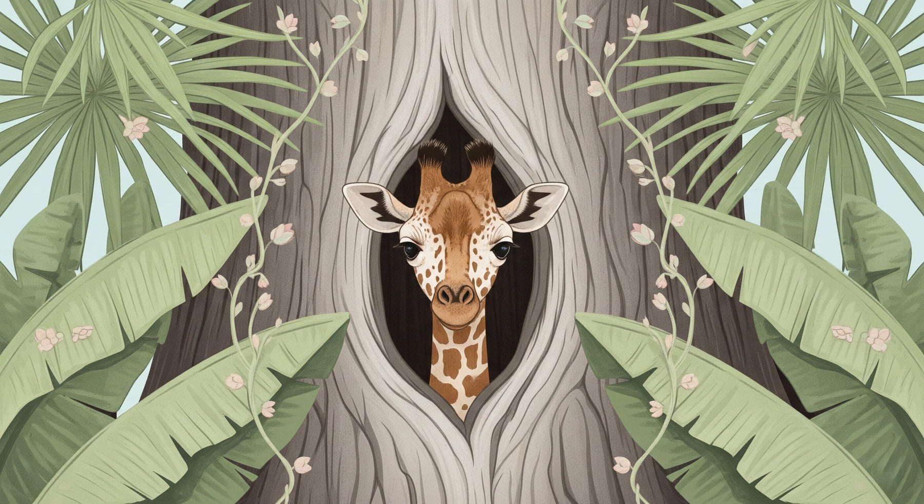 Detailed jungle giraffe mural wallpaper design pattern with tropical foliage by Kids-Mundo